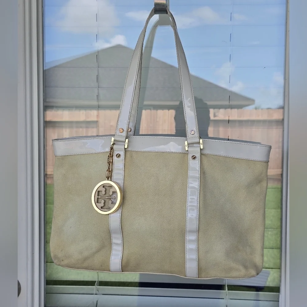 Tory Burch Jane Beige Canvas Tote Leather Purse Handbag Satchel Tan White Logo